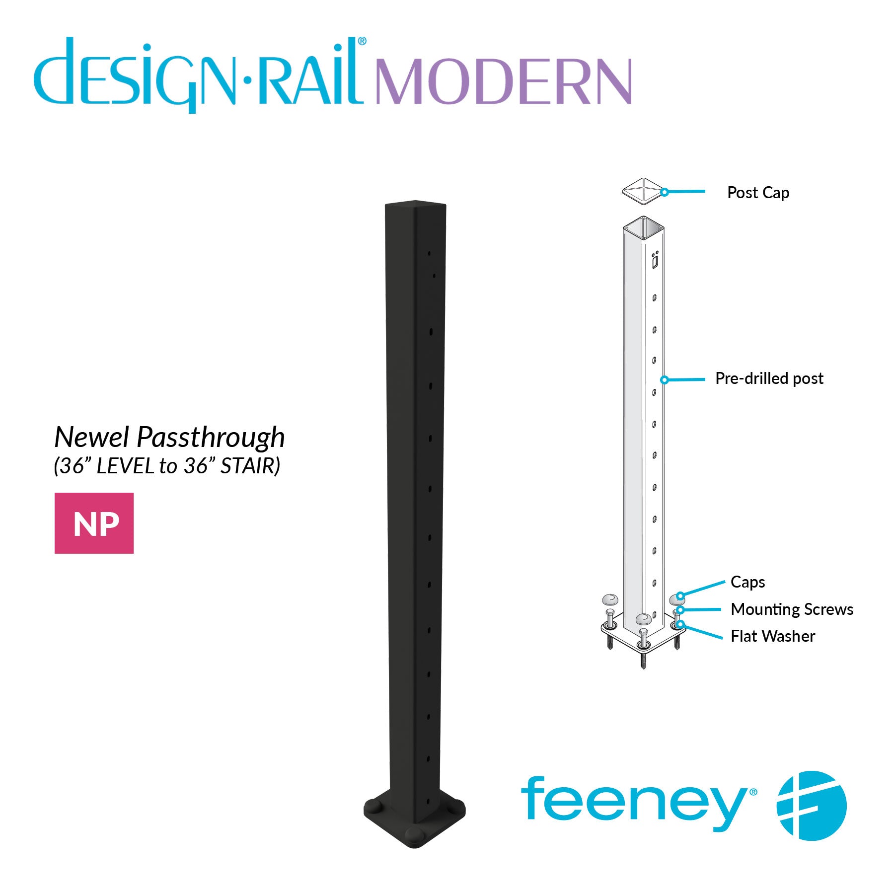 Feeney® DesignRail® Modern Kits (Level to Stair) Passthrough Newel Post Kit (36  Feeney® DesignRail® Modern Kits (Level to Stair) Passthrough Newel Post Kit (36