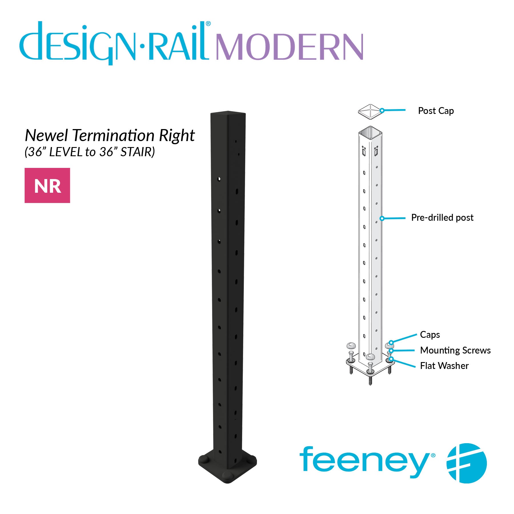 Feeney® DesignRail® Modern Kits (Level to Stair) Right-Hand Newel Post Kit (36  Feeney® DesignRail® Modern Kits (Level to Stair) Right-Hand Newel Post Kit (36