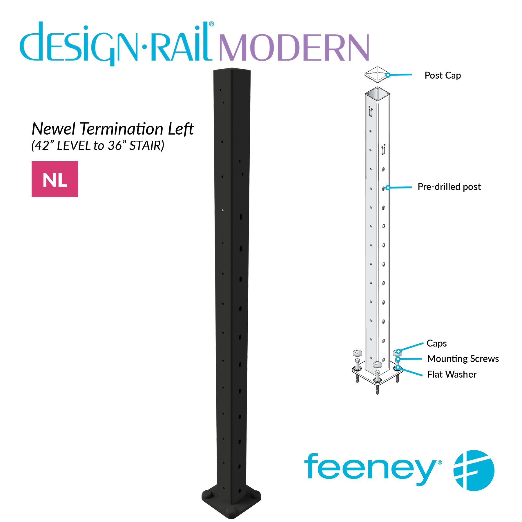 Feeney® DesignRail® Modern Kits (Level to Stair) Left-Hand Newel Post Kit (42  Feeney® DesignRail® Modern Kits (Level to Stair) Left-Hand Newel Post Kit (42
