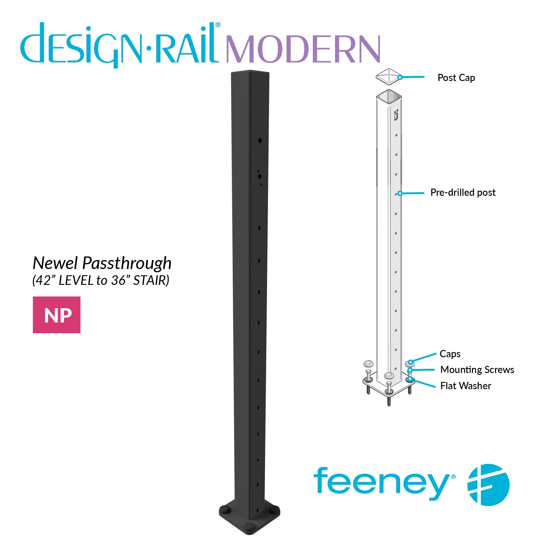 Feeney® DesignRail® Modern Kits (Level to Stair) Passthrough Newel Post Kit (42  Feeney® DesignRail® Modern Kits (Level to Stair) Passthrough Newel Post Kit (42