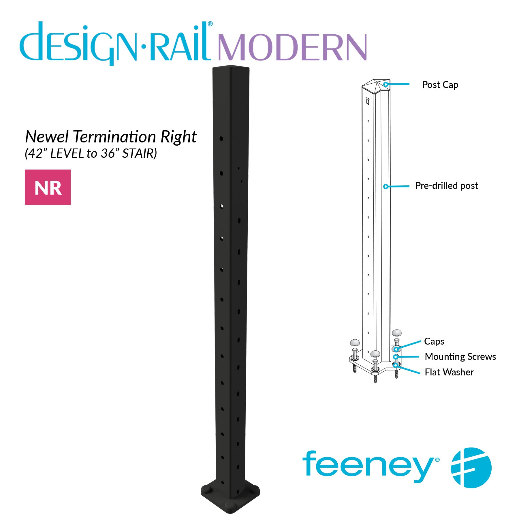 Feeney® DesignRail® Modern Kits (Level to Stair) Right-Hand Newel Post Kit (42  Feeney® DesignRail® Modern Kits (Level to Stair) Right-Hand Newel Post Kit (42