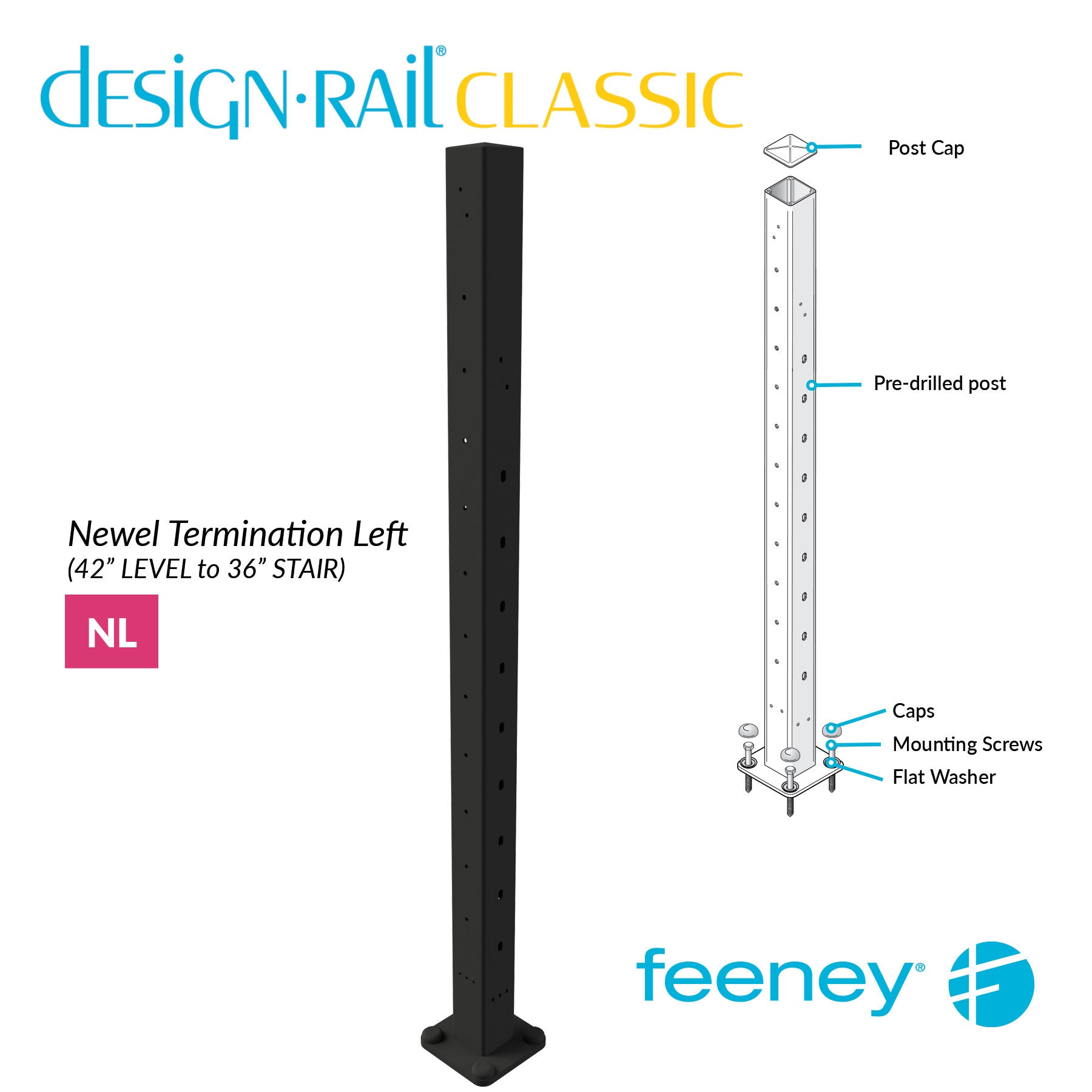 Feeney® DesignRail® Classic Kits (Level to Stair) Left-Hand Newel Post Kit (42