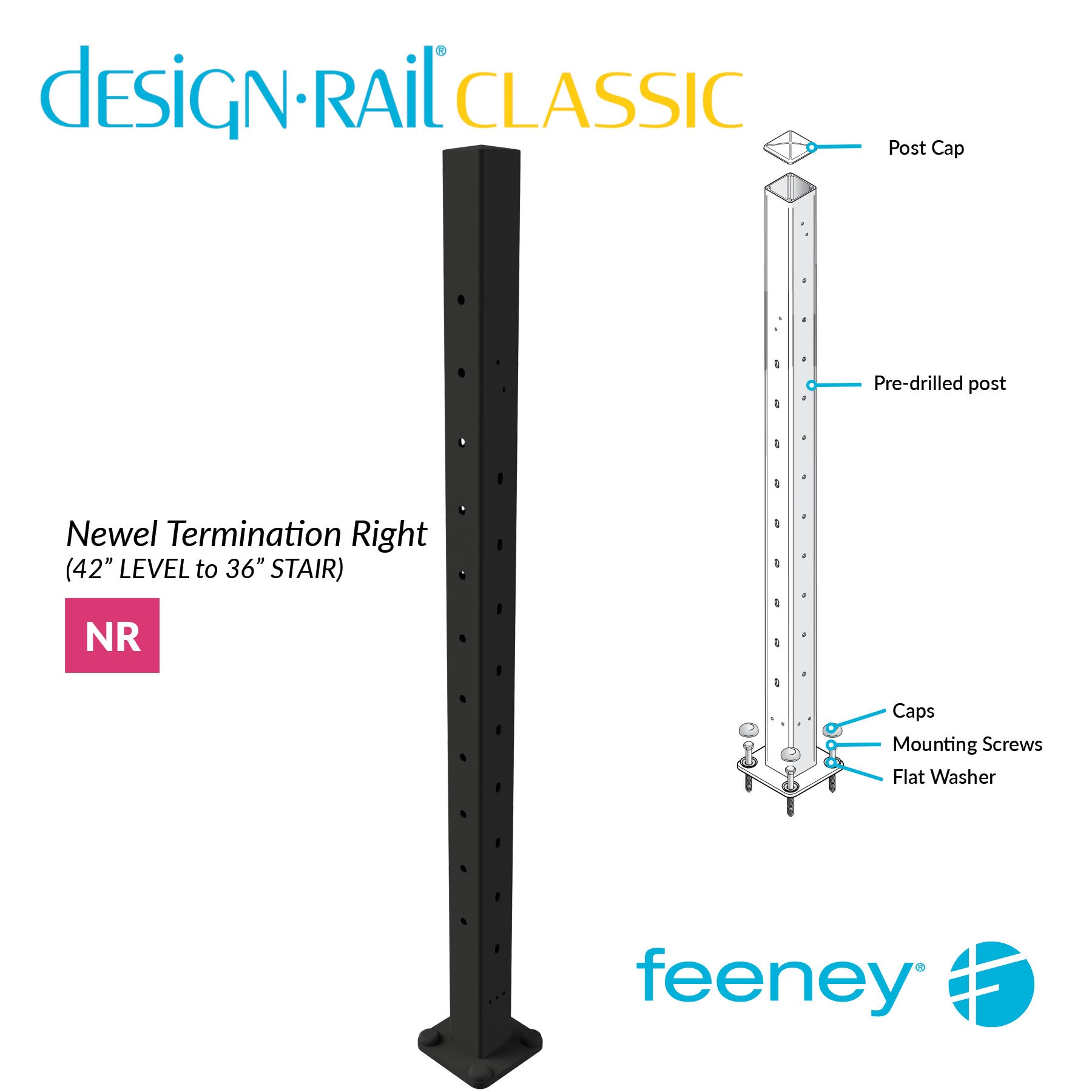 Feeney® DesignRail® Classic Kits (Level to Stair) Right-Hand Newel Post Kit (42