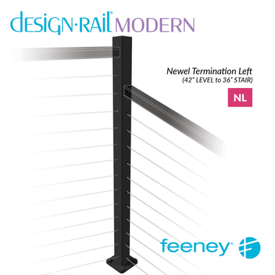 Modern 42" Left Hand Newel Post Kit for Level to Stair Railings  - BLK