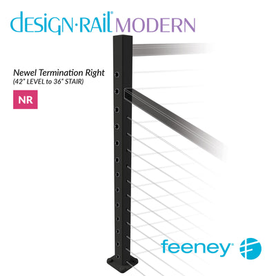 Modern 42" Right Hand Newel Post Kit for Level to Stair Railings  - BLK